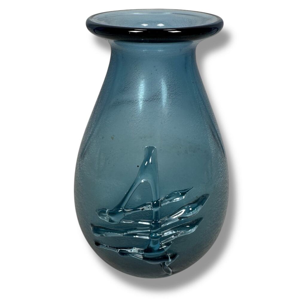 Vintage Buzz Williams Signed Art Glass Hand Blown Vase Blue Subtle Mottled‎ 1983